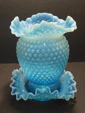 Vintage Fenton 2 Pc Hobnail Ruffle Edge Opalescent Blue Glass Vase And Dish