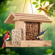 Bird Feeders for Outdoors Hanging, Wooden Bird Feeder with Suet Cages for Gar...