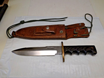 Rough BacK  Randall Model 14 Attack 7 1/2  Green Micarta Handle & Sawtooth SS