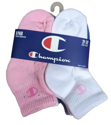 CHAMPION GIRLS 8 PAIR QUARTER SOCKS, Shoe Size 3Y-5Y/Sock Size 6-8.5