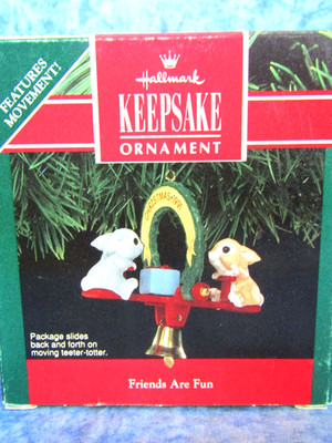 Hallmark Ornaments: ''Friends Are Fun'' - Two Rabbits on Moving See Saw - NIB