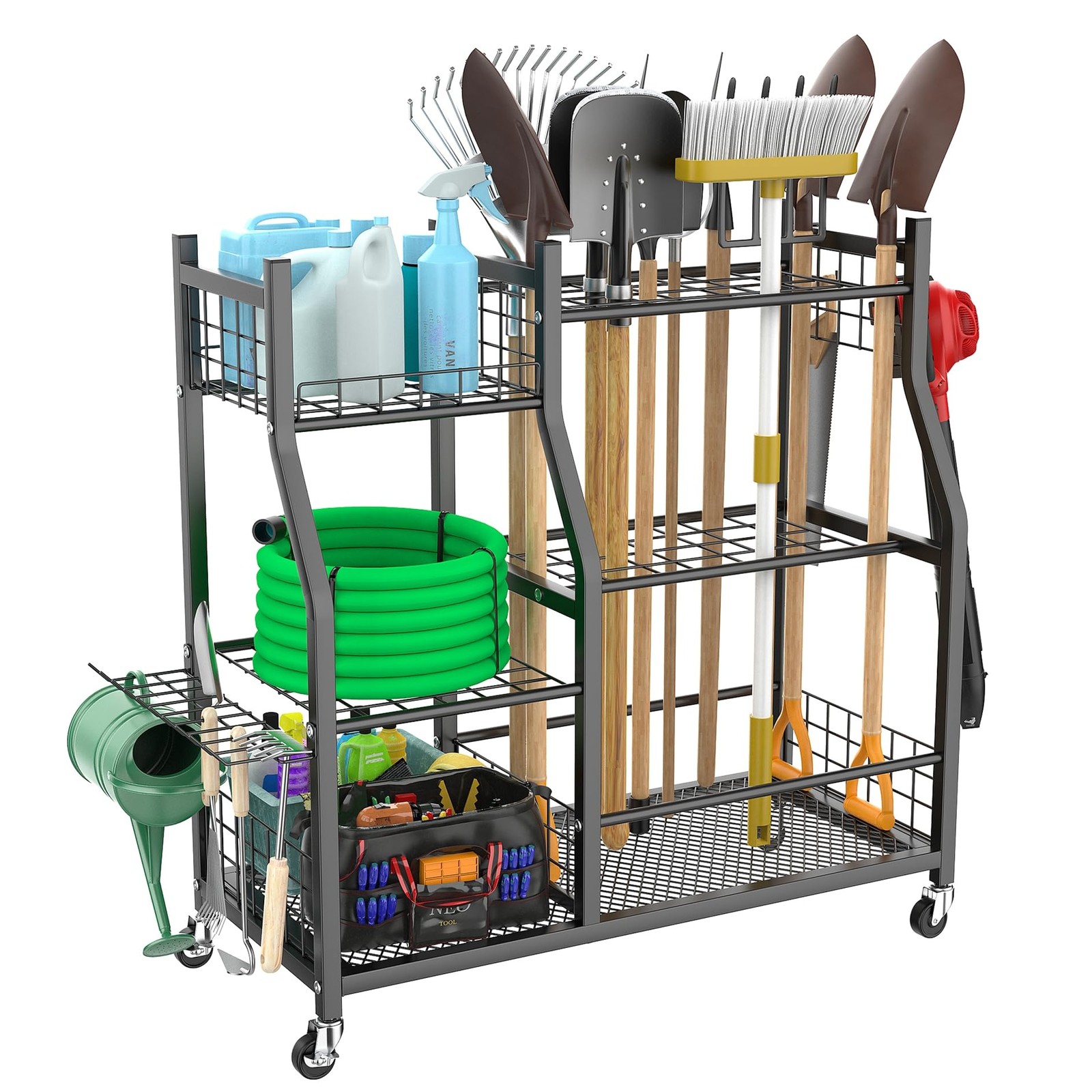 Heavy-Duty Rolling Garden Tool Organizer for Garage Storage - Holds Rakes, Shovels & More