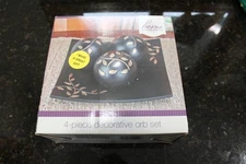 Decorative Orb Set 4 Pieces Tray with 3 Balls Black with Gold Highlights 