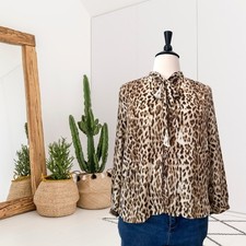 J.Crew Women  s L Long Sleeve Tie Neck Button Down Leopard Print Top Cream, Brown