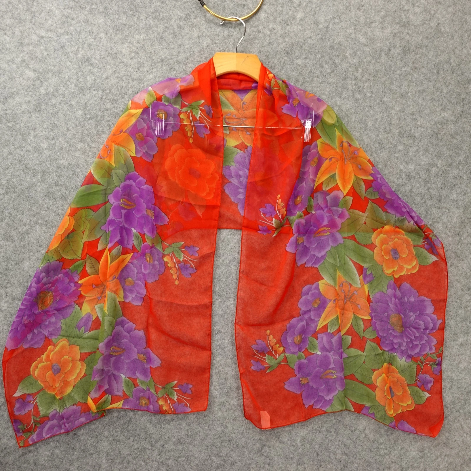 Sheer Floral Scarf Womens Red Chiffon Tropical Garden Colorful Spring 19.5x65