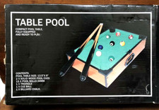 COMPACT POOL TABLE Game TABLE TOP 21" Size Cue Sticks Balls Brush and Chalk NM