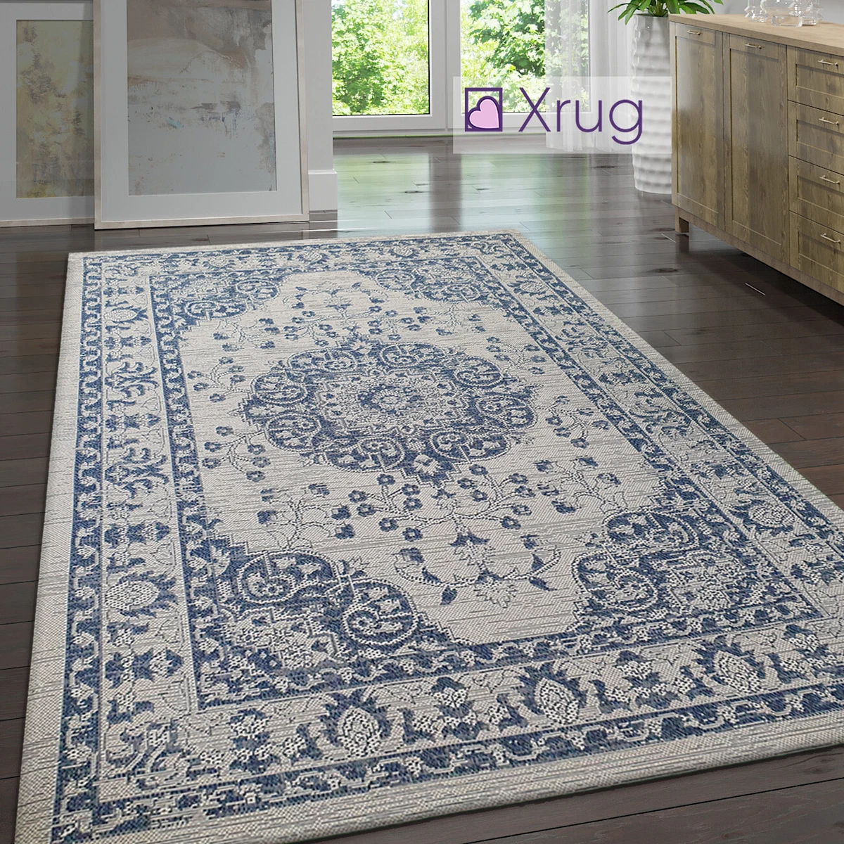 Tapis de tapis en coton gris vintage bleu marine motif oriental traditionnel gri
