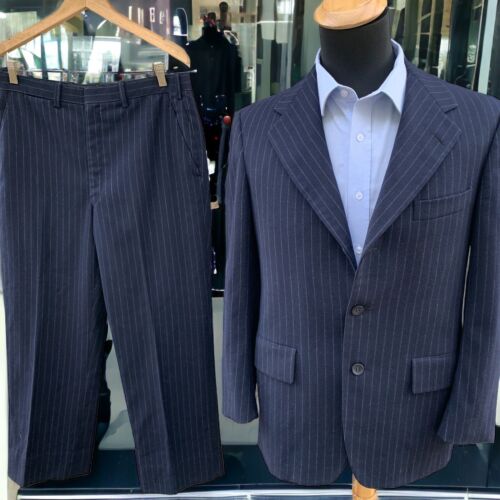 Vtg Hickey Freeman Suit Flannel Chalk stripe Three Roll Two 40R 34x28 Navy 60s - Picture 1 of 19