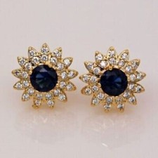 3.50Ct Lab-Created Blue Sapphire Diamond Flower Stud Earrings 14K Yellow Gold FN