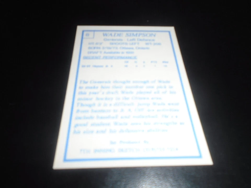 1989-90 7th Inning Sketch OHL # 8 WADE SIMPSON OSHAWA GENERALS - Image 2 of 2