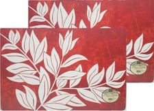 Set of 2 Same Vinyl Foam Back Placemats (12"x18") WHITE LEAVES ON RED by BH
