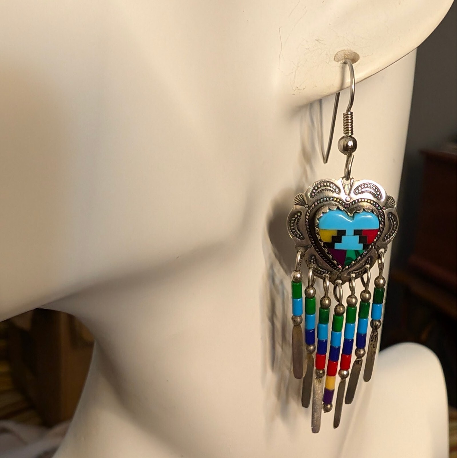 Sterling Silver Multi-Stone Inlay Dangle Drop Ear… - image 12