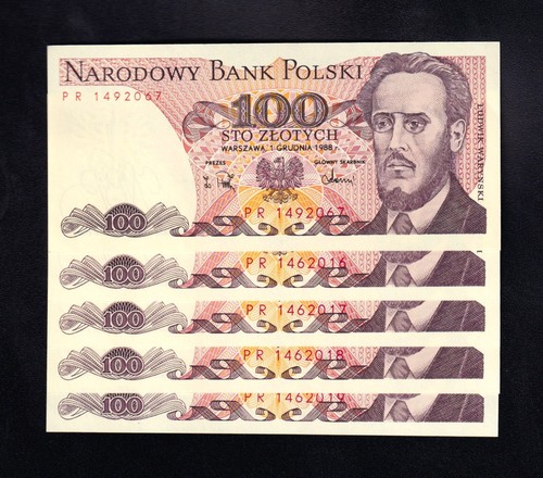 F.C. POLONIA (POLAND) , LOTE 5 UNIDADES 100 ZLOTIS 1988 , S/C (UNC) , P.143e .