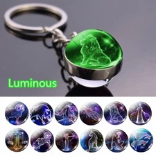 Glow in the Dark 12 Constellation Zodiac Keychain Keyring Double Side Glass Ball