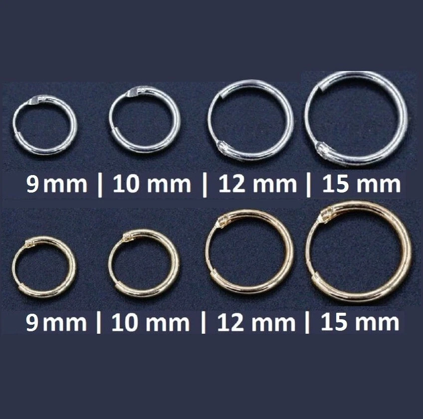 ORECCHINI a cerchio uomo donna diametro 9,10,12,15mm cerchietto argento o dorato - Immagine 2 di 4