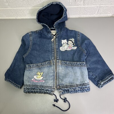 Vtg  Embroidered Hoodie Girl & Cats  Lined Denim Jacket Toddler Unisex   24M