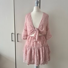 Free People La La Lace Mini Dress Size S Rose Sheer V Neck  Ruffle Boho Cut Out