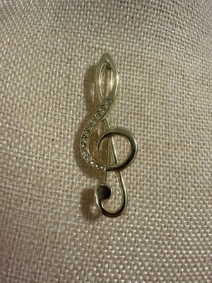 Gold Tone Treble Clef Musical Note Brooch Rhinestone Accents Music Lover Gift
