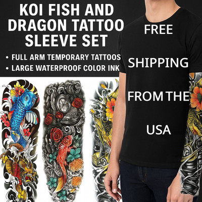3 Sheet Koi Fish and Dragon Tattoo Sleeve Set   Full Arm Temporary Tattoos