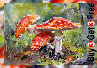 Lebendige Fliegenpilze 5''x7'' Druck auf mattem Papier | Ausdrucksstarke Ölkunst