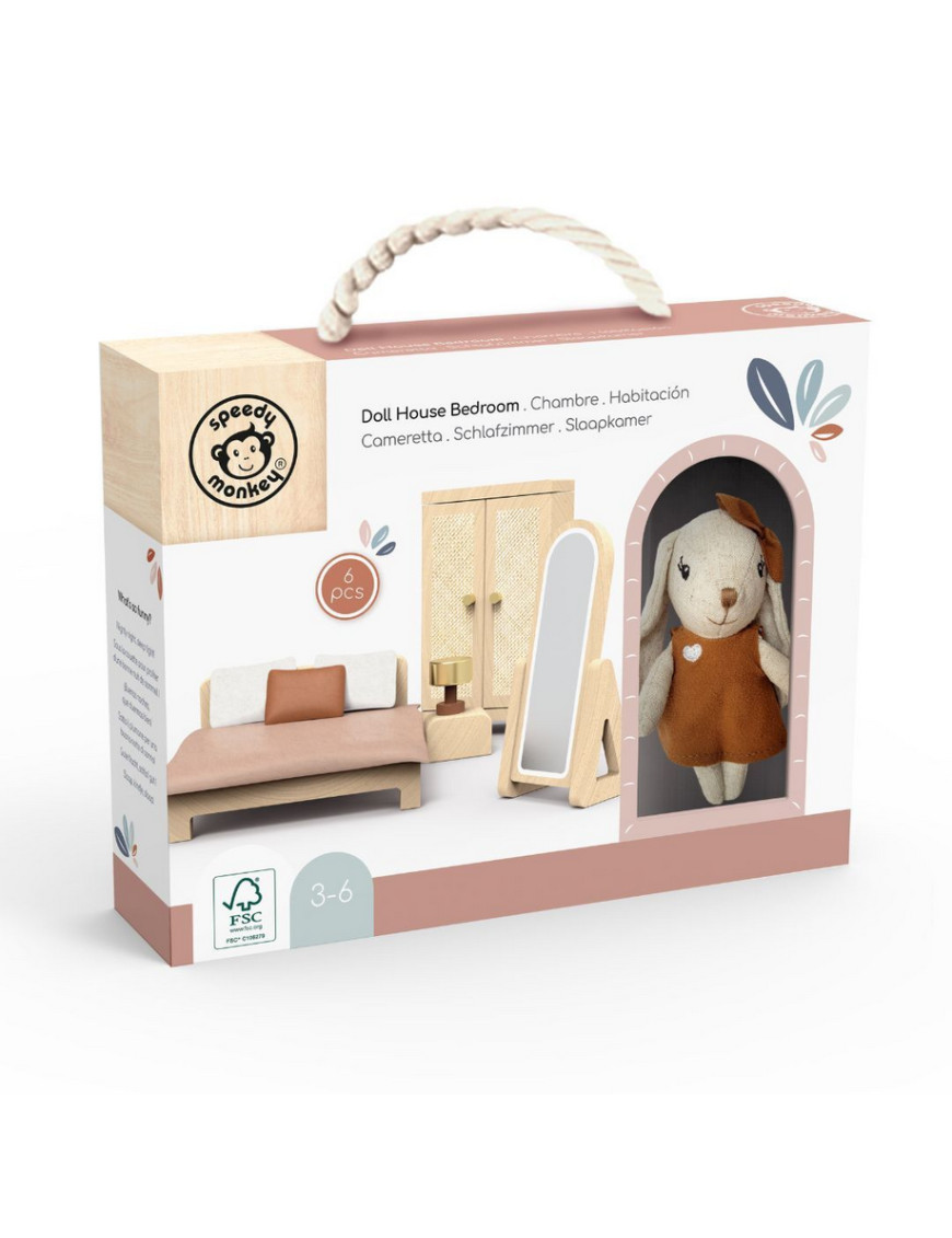 Chambre de la maison de poupée en bois de hêtre et sa figurine lapin de luxe