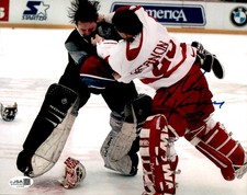 Mike Vernon Signed Detroit Red Wings Fight Vs Patrick Roy 8x10 Photo JSA COA