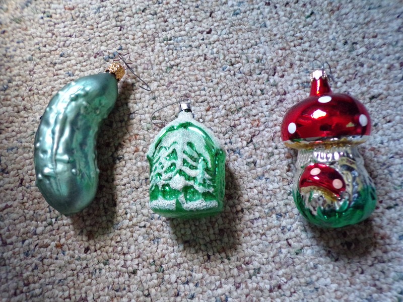 Vintage Glass Christmas Ornaments Pickle Green House Red Cap Mushroom  Colorful