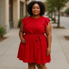 SHEIN Curve Sleeveless Ruffle Neck Belted Midi Red Dress Back Button Size 2XL