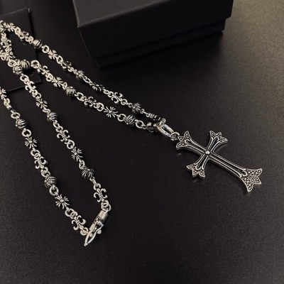 Chrome Hearts Silver Cross Charm Pendant Link Chain Necklace Lobster Closure
