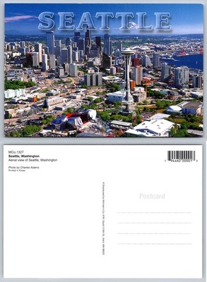Seattle WA Aerial View Postcard Space Needle Cityscape Mount Rainier