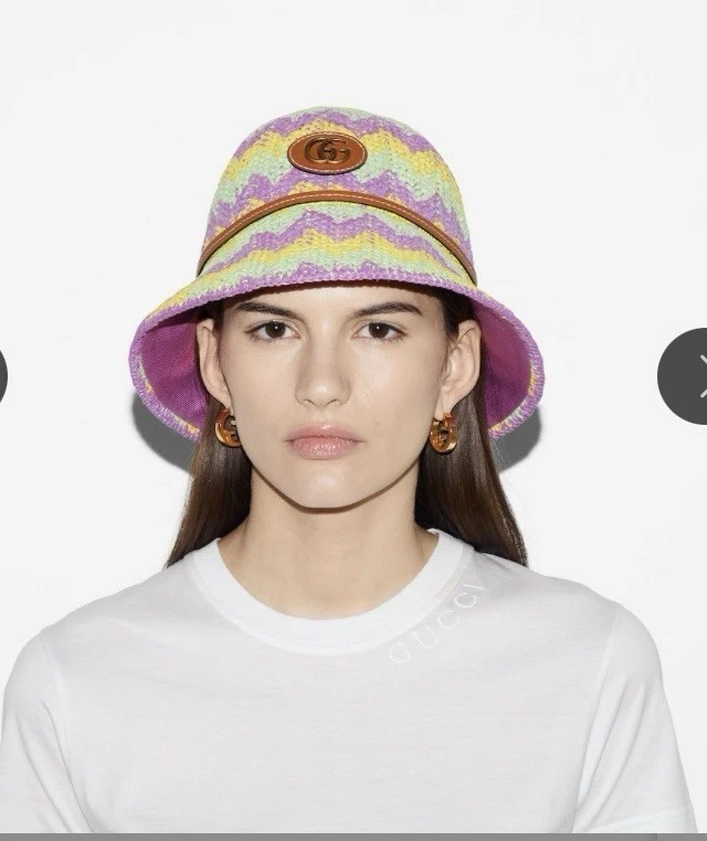 GUCCI RAFIA TEJIDO CUBO SOMBRERO Cuero Borde Sombrero de Paja Foto 4 de 4