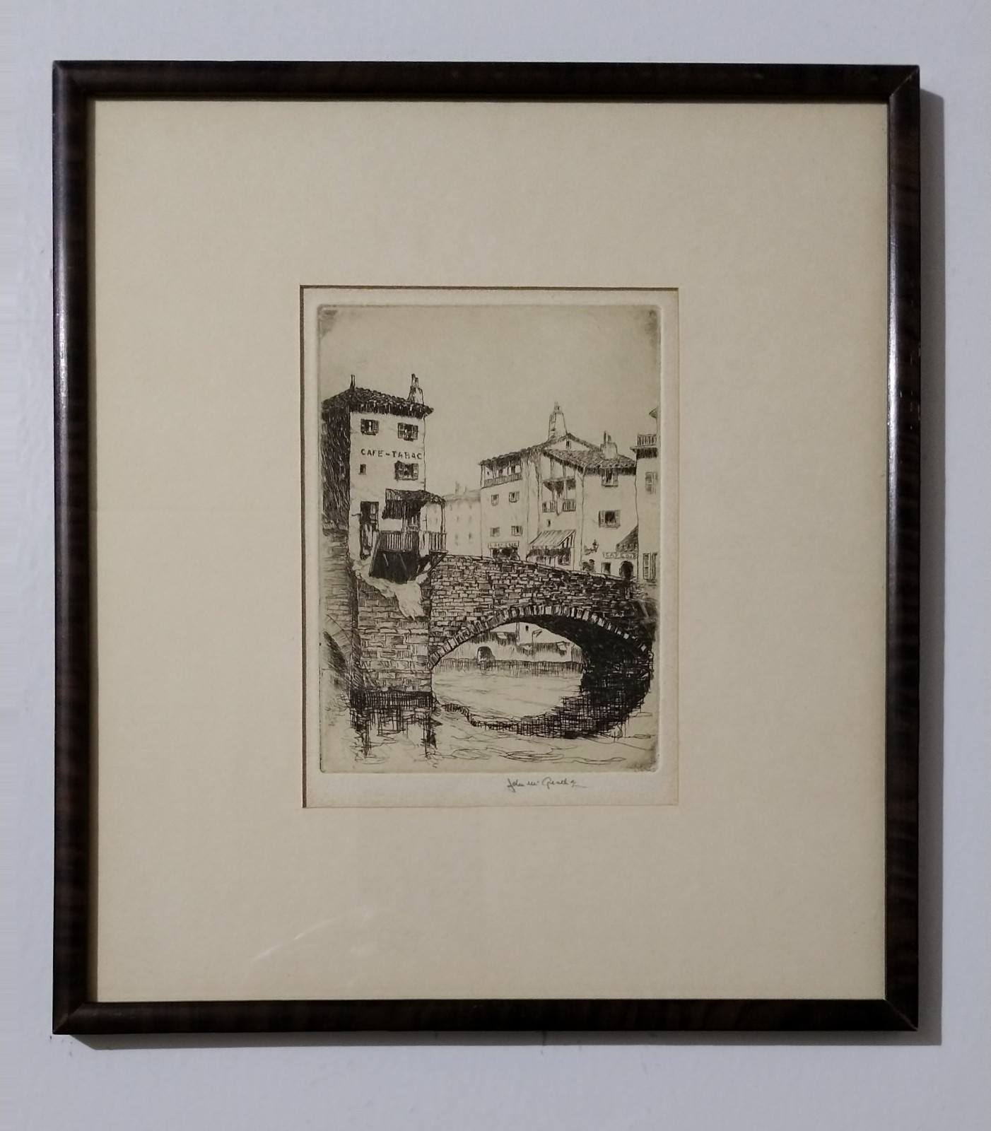 John Mcgrath Original Proof Etching Cafe-Tabac And Stone Bridge