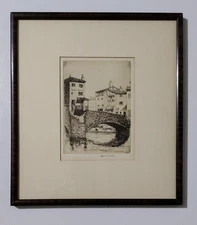 John Mcgrath Original Proof Etching Cafe-Tabac And Stone Bridge