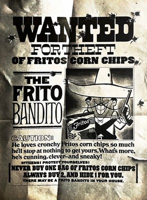1968 FRITO BANDITO WANTED Original Vintage Print Ad Fritos Corn Chips 10''x 13.5''