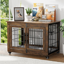 Dog Crate Furniture with Cushion, Wooden Dog Kennel Indoor with Double Doors, Do