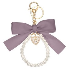 Ribbon Bow Keychain Pearl Wristlet Keychain Heart Pendant Purple