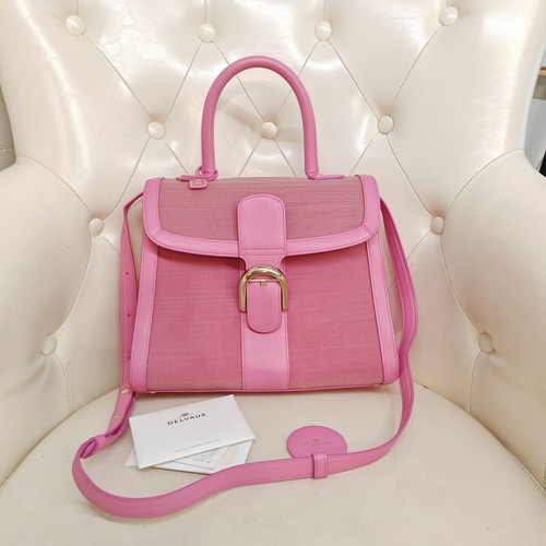 AUTH Delvaux Brillant MM Pink Canvas & Leather Trim Top Handle Crossbody Bag