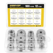 108Pcs 304 Stainless Steel Flat Washers, Fender Washers Assortment Kit 12 Sizes