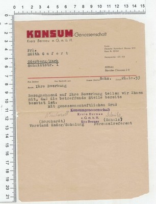 Bernau , Brief 1953, Verband Deutscher Konsum Genossenschaften eGmbH