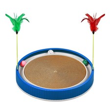 20 Inch Round Cat Scratcher With Ball Track 3 In 1 Cardboard Toy Blue