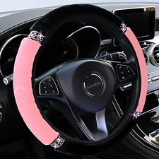 Fluffy Steering Wheel Cover with Colorful Rhinestones Crystal for Color: Pink