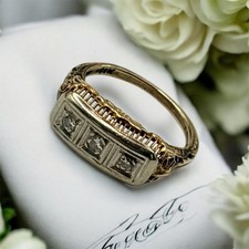 Antique Art Deco 14k Yellow  White Gold 3 Diamond Filigree Ring 2.13g - .12ctw