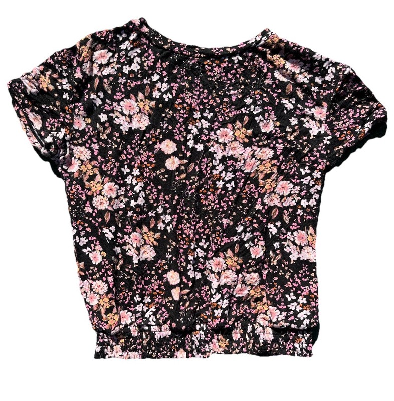 Art Class Kids M Black Floral Stretch Boho Gathered Waist Cropped Tee Top