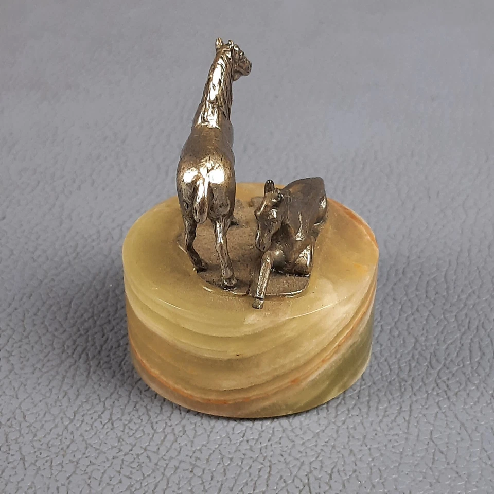 Miniatura Cavalli Scultura Argento 800 Base Marmo Onice Fermacarte Vintage 1960 - Immagine 4 di 4