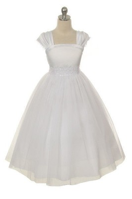 New Flower Girl Cap Sleeved Beaded White Dress First Holy Communion Size 2-16 NW