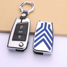 Schlüsselhülle Cover für VW Golf Passat Polo, Skoda, Seat Schlüssel, chrom/blau