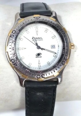 Vintage Men Fossil Blue Watch Black Leather Band Silver Case Gold Acc White Face