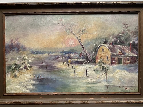Antik Original E.C. Peterson Ölgemälde Winterlandschaft Eislaufen Boston - Bild 2 von 24