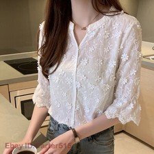 Flare Sleeve White Shirt Women Clothes Floral Embroidery Blouse Summer Tops SZ