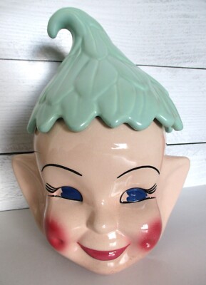 Vintage Elf Pixie Mint Green Hat Cookie Jar 1950s Blue Eyes HTF Color READ